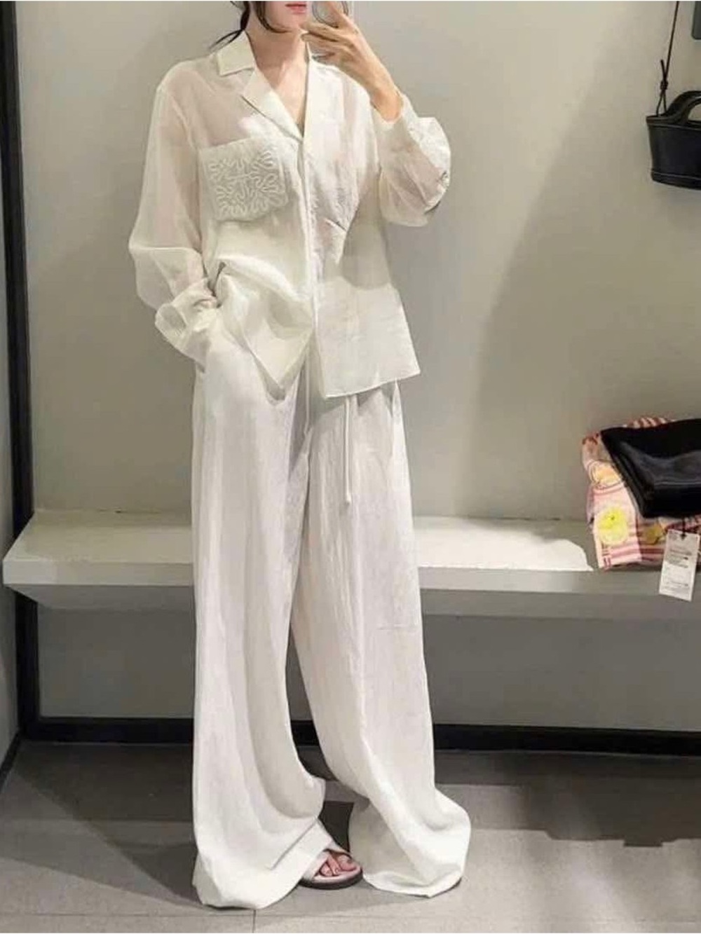 Sheer Cream Button-Up Blouse with Embroidered Pocket